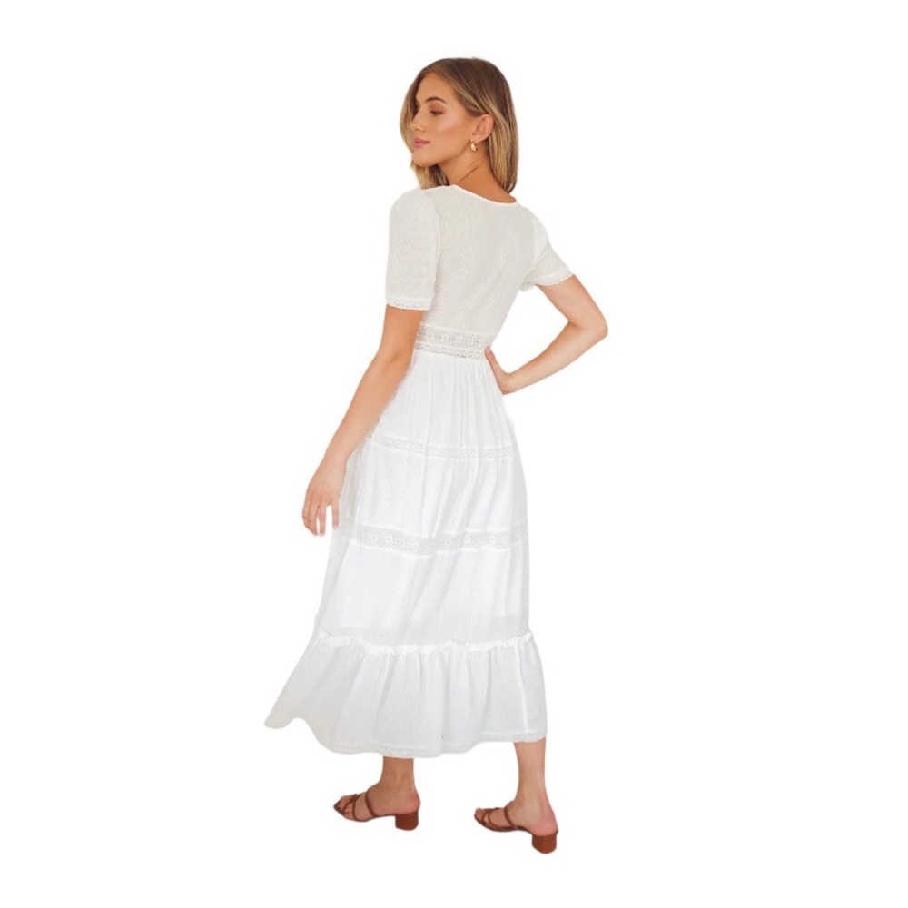 Lulu's Folklore White Swiss Dot Lace Short Sleeve Tiered Midi Dress NWT - Picture 2 of 9